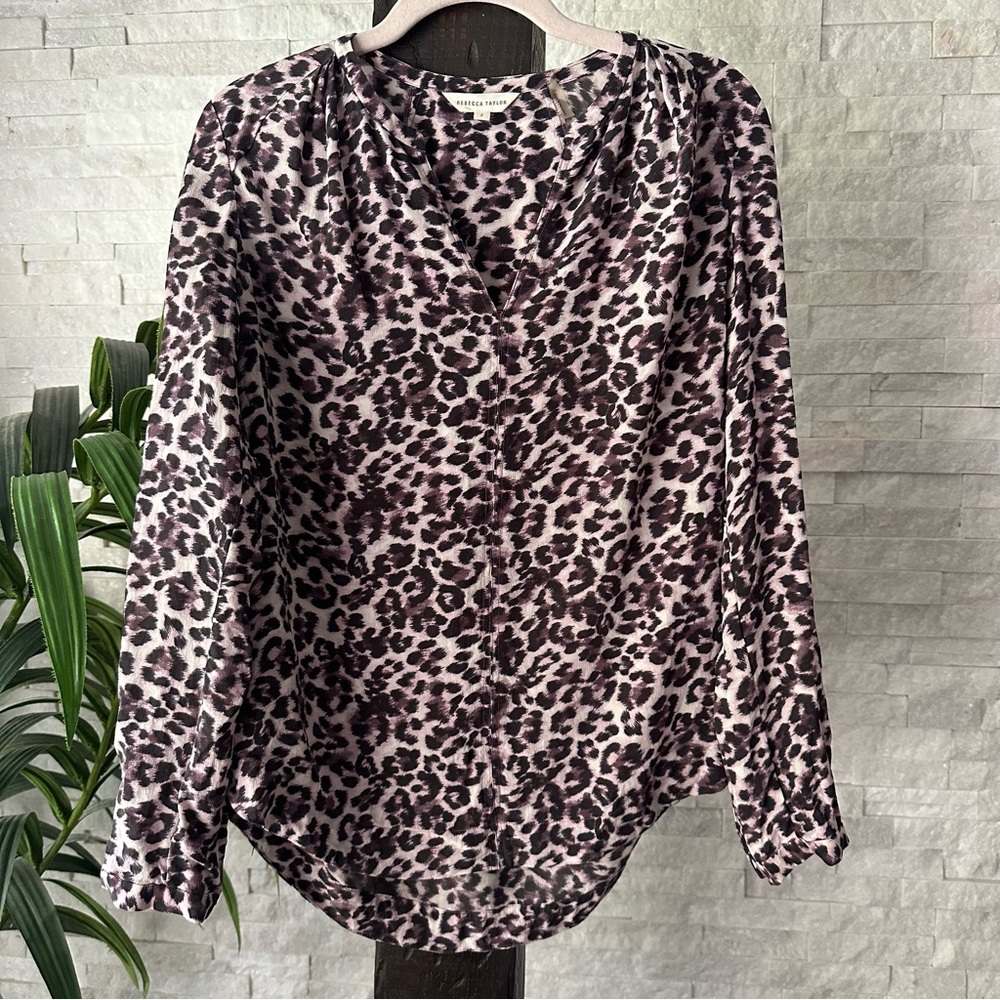 Rebecca Taylor Leopard Chocolate Brown and Mauve Print Silk Blouse Size 2